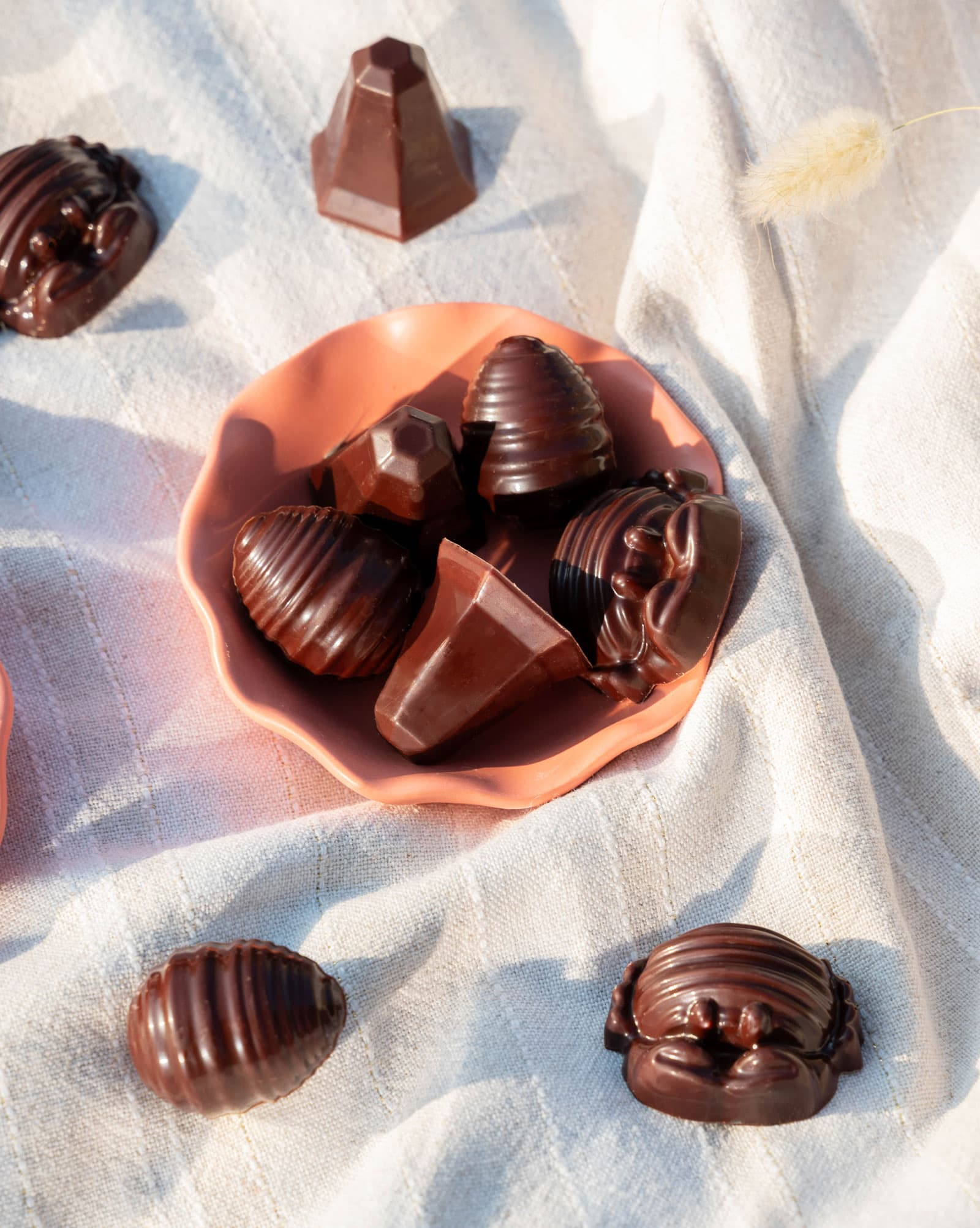 Osterpralinen aus Zartbitterschokolade und Praliné